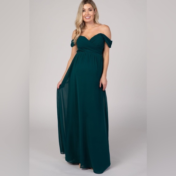 PinkBlush hunter green off the shoulder chiffon maxi nwot - Picture 1 of 8